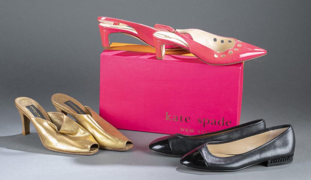 3 Pairs of Designer shoes.: Three pairs of designer shoes. ++ Donna Karan peep toe gold backless heels. Includes box. Damage to box. Size 5 1/2. ++ Michael Kors round toe black leather flats. Size 5 1/2. ++ Kate Spade pointed to