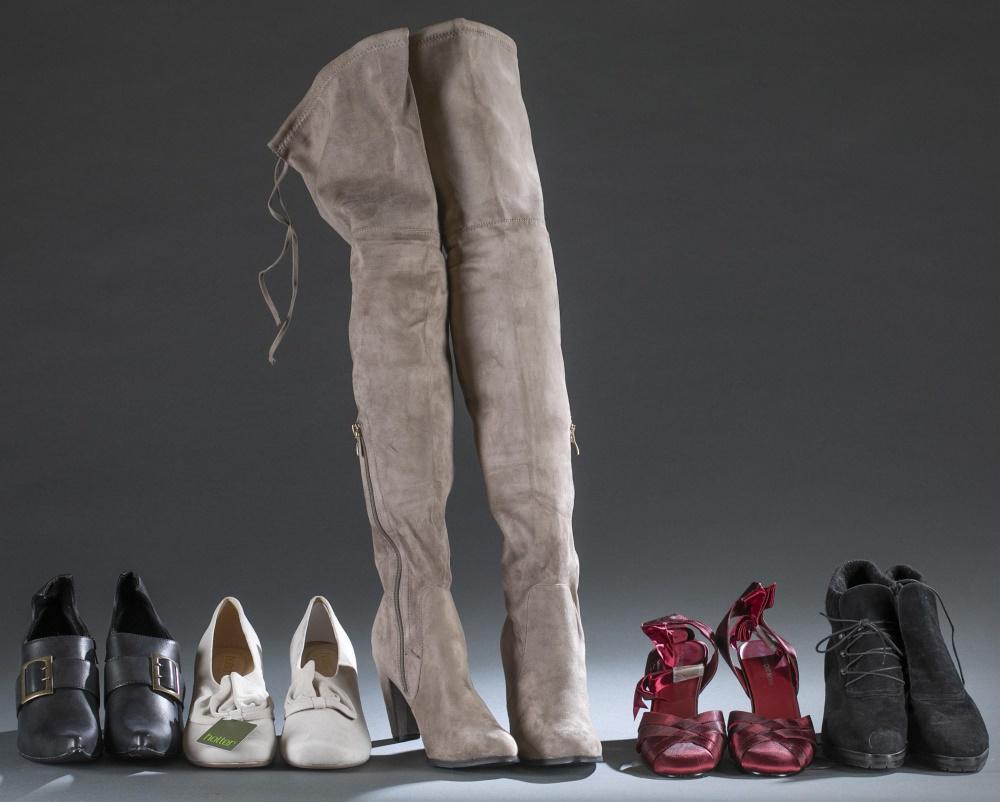 5 Pairs of Designer shoes.: Five pairs of designer shoes. Size 9. ++ Roberto Vianni for Neiman Marcus almond toe black suede lace-up heeled boots. ++ Newport News peep toe red satin heeled sandals with ribbon ankle ties. ++ 1031