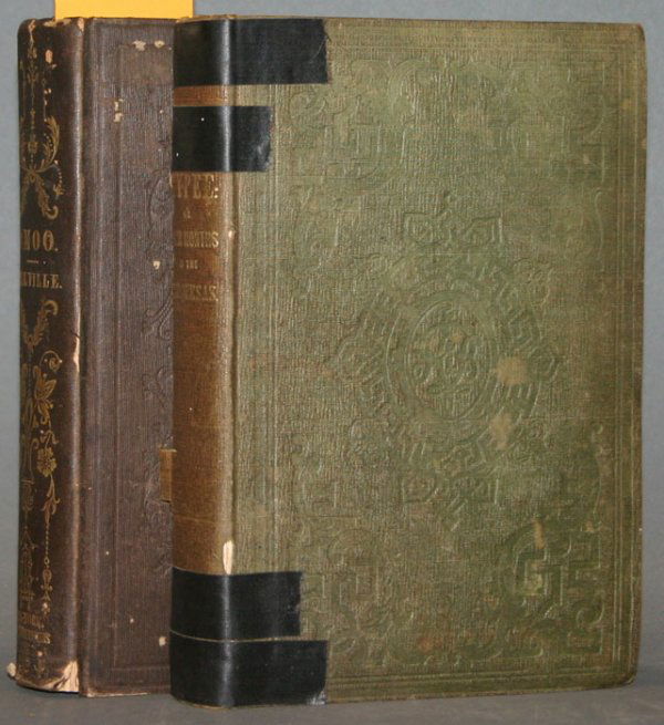 Herman Melville- 2 books: OMOO, 1847 & TYPEE, 184: Melville, Herman. 2 Titles. ++ Omoo: A Narrative of Adventures in the South Seas. NY: Harper & Bros./ Lon: John Murray, 1847. 8vo. 389,[1]xxiii,[8 ads]pp. Original cloth stamped in gilt. Spine ends an
