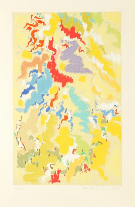 Max Ackermann, ''Tarantella,'' 1958, #34/100.: Ackermann, Max. Tarantella. Color silkscreen of an abstract image. 1958. 19 3/8'' x 12 3/8''. Pencil signed and dated in margin at lower right, numbered and limited at lower left (''34/100'').