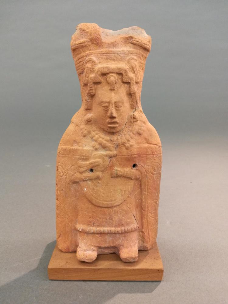 Maya Jaina Terracotta Figure. 600-900 CE.: A Maya Jaina terracotta figure. Mexico. 600-900 CE. 7 3/4" x 3 1/2" x 2 1/4". Has a repaired crack and some abrasions._x000D_ Provenance: From the ex collection of Maudie Bullington of Houston, Texas.