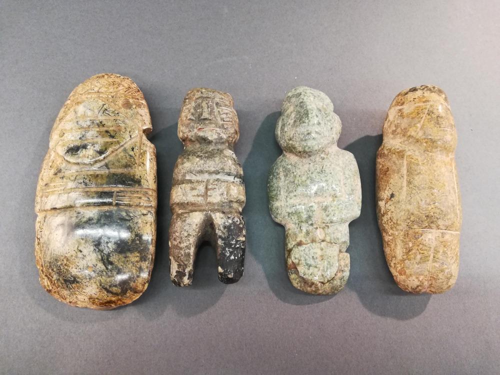 4 Pre-Columbian Style Stone Figures.: A group of four Pre-Columbian style stone figures. Central America. Largest 5 1/2" x 2 3/4" x 1". Smallest 4 1/4" x 1 3/4" x 1 1/8".