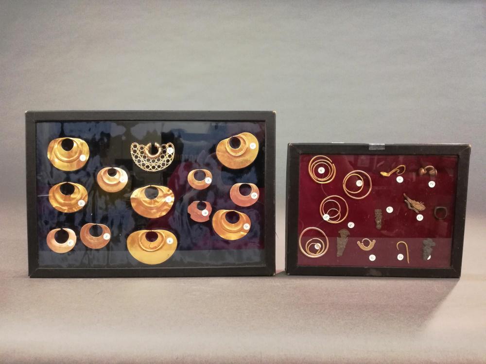 2 Framed Collections of Pre-Columbian Gold Artifacts.: A group of two framed collections of Pre-Columbian gold and metal artifacts. Gold is between 18k & 22k. Mesoamerica.++ Larger 8 1/4" x 12 1/4" x 1". ++ Smaller 6 1/2" x 8 3/4" x 1".