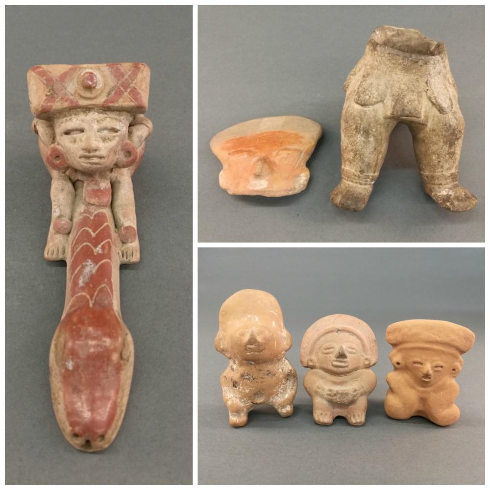 6 Pre-Columbian Style Terracotta Objects. 20th c.: A group of six Pre-Columbian style terracotta objects. Mesoamerica. 20th century. ++ Pipe. 2 1/4" x 2" x 6". ++ Two fragments. Head. 3 3/4" x 4" x 1 1/2". Torso. 3 3/4" x 4" x 5 1/2". ++ Three figures