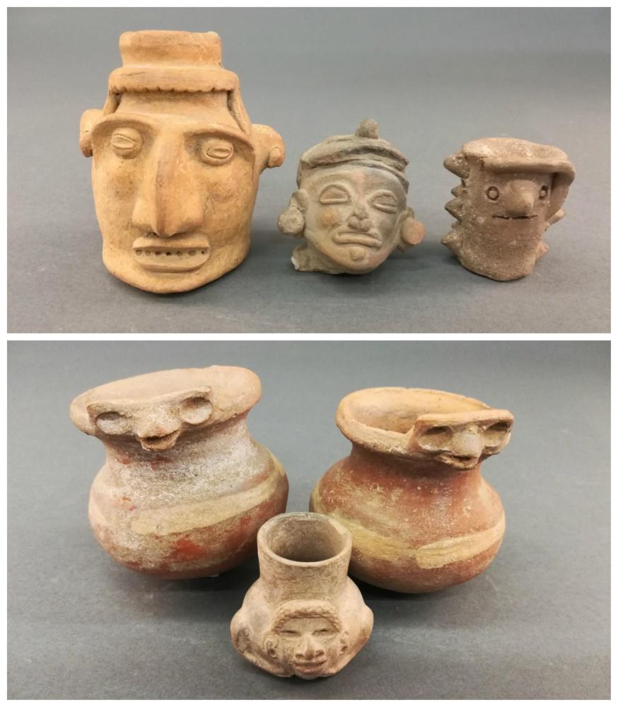 6 Pre-Columbian Style Terracotta Objects. 20th c.: A group of six Pre-Columbian style terracotta objects. 20th century. ++ Three heads. Central America. Largest 4" x 3 1/2" x 3 1/2". Smallest 2" x 2" x 2". ++ Three vessels. Mesoamerica. Largest 3 3/4"