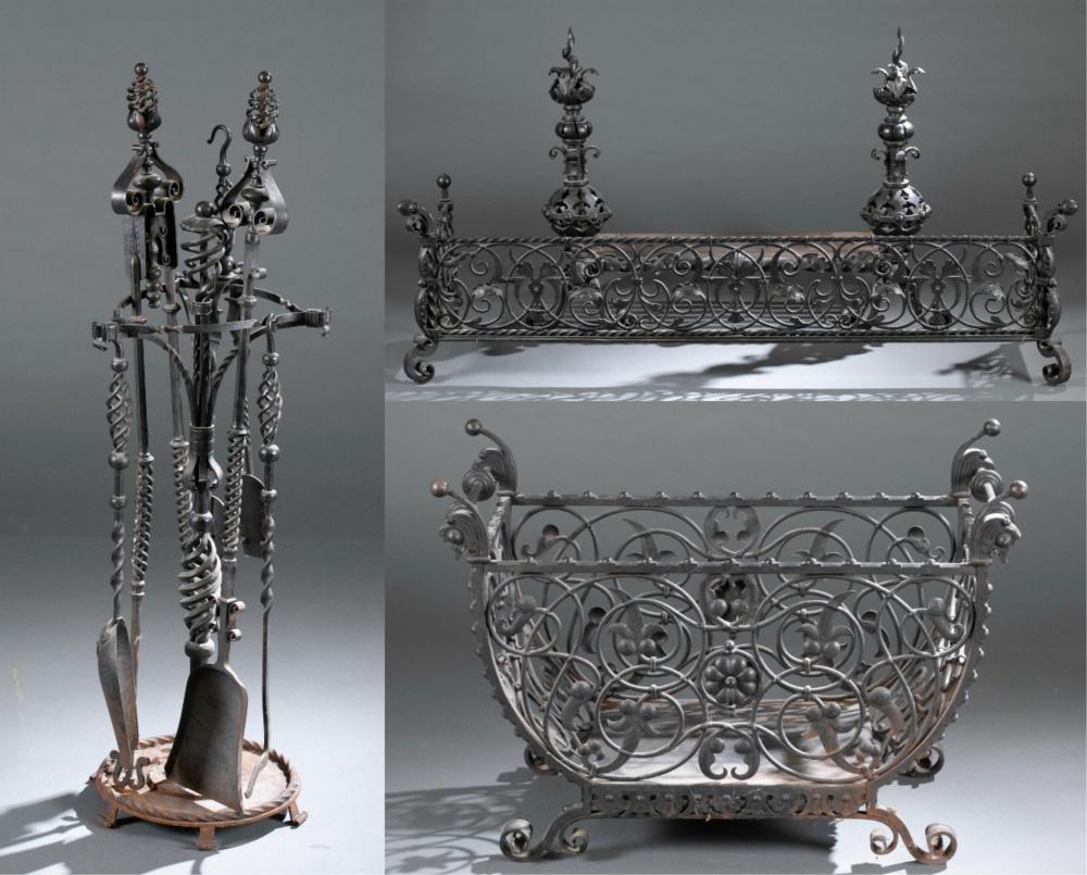 Baroque style, Iron fireplace set.: A Baroque style iron fireplace set. 20th century. Includes log basket, fender, andirons, and fire tool set. Wrought and cast iron floral, twisted, and pierced decoration. Log basket: 19 1/2" x 27 1/2"