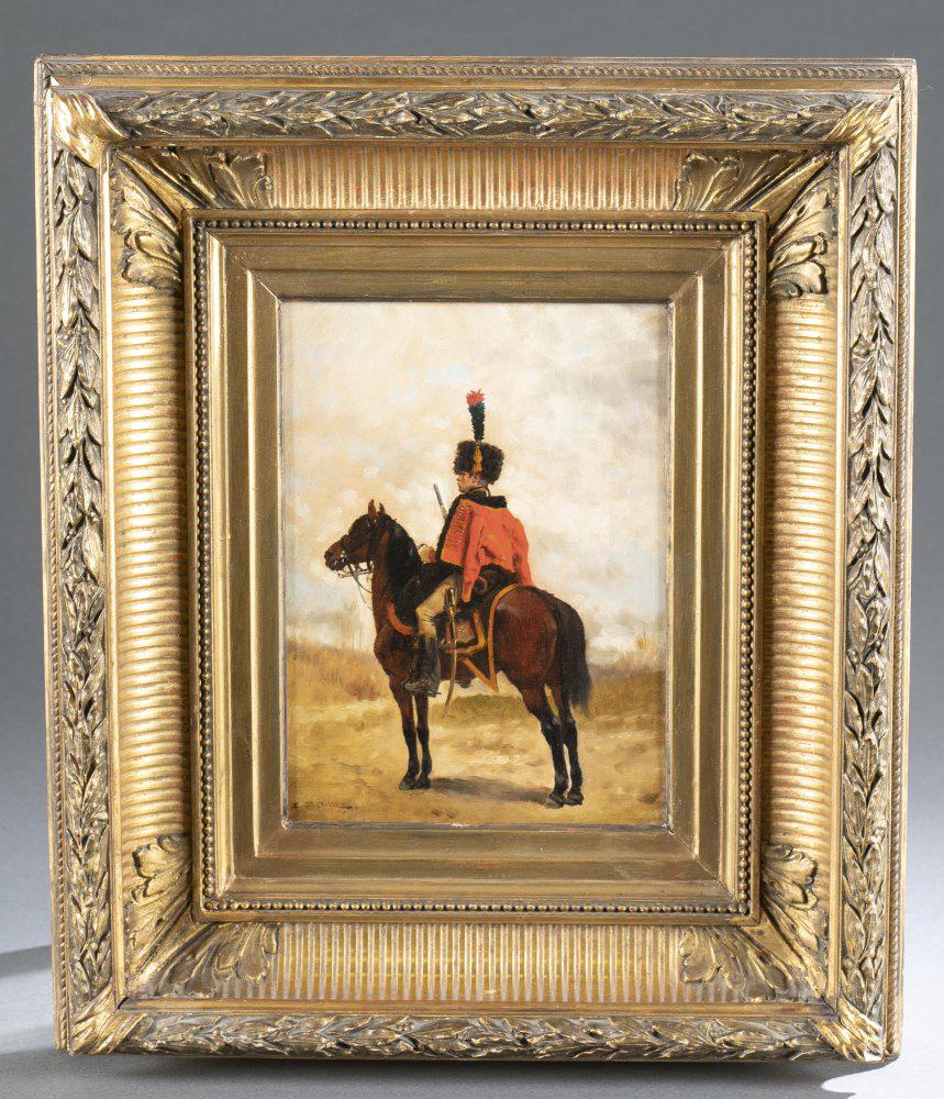 J. B. Eduardo Detaille, French Soldier, 19th c.: Detaille, Jean Baptiste Edouard (French, 1848-1912). Portrait of French soldier on horseback. 19th century. Oil on canvas. Signed l.l. 8 1/2" x 6 3/8". Frame: 16" x 13 3/4". Shipping: This lot does no