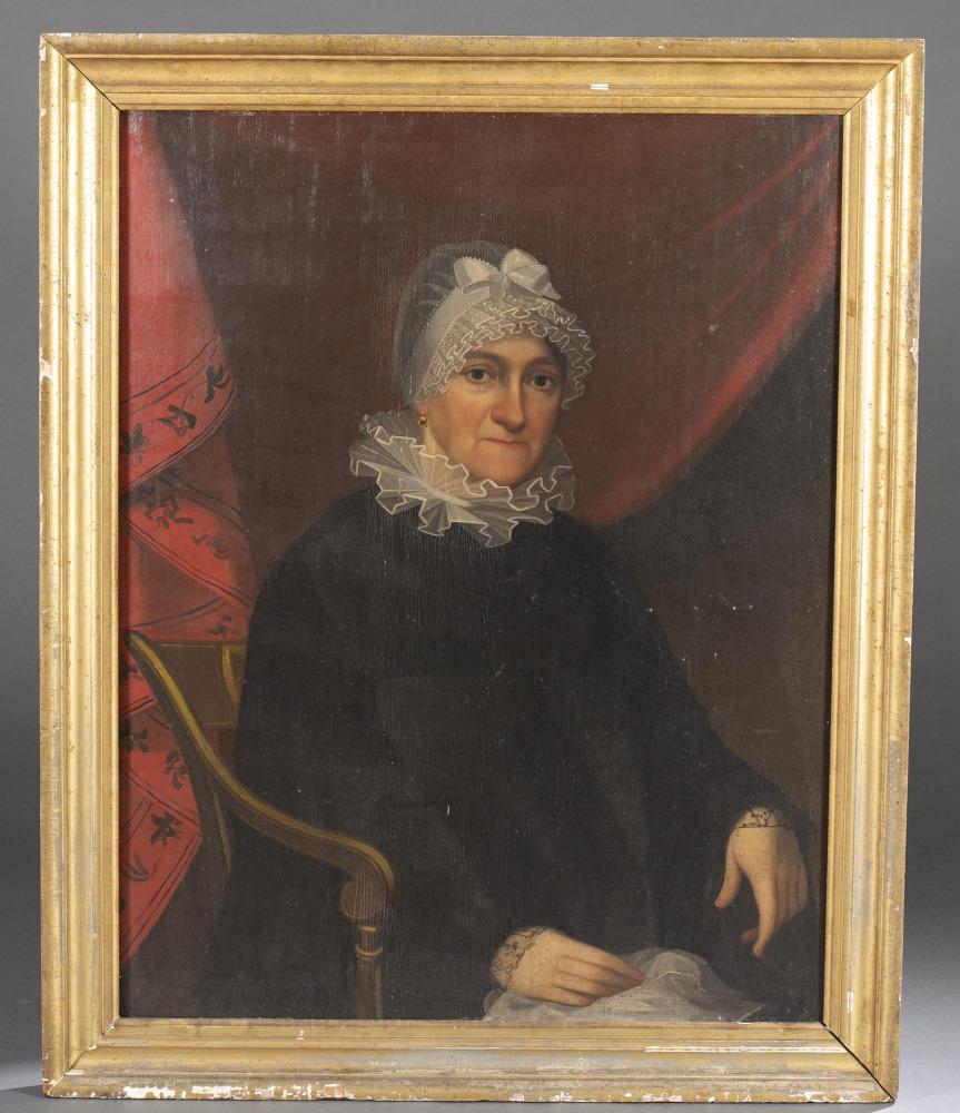 Northern School, Portrait of a Woman, 18th/19th c.: Northern School, probably Dutch. Large portrait of a seated woman dressed in black. Unsigned. Oil on panel. 36" x 28 1/2". Frame: 41 1/4" x 33 1/4". Shipping: This lot does not qualify for in house sh