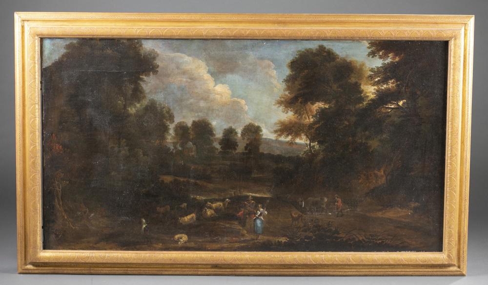 Continental School, Pastoral Scene, 18th c.: Continental School. Large landscape depicting figures relaxing in a meadow near an assortment of grazing animals. 18th century. Oil on canvas. Unsigned. 29 3/4" x 55 1/4". Frame: 35 3/4" x 61 1/2". Sh
