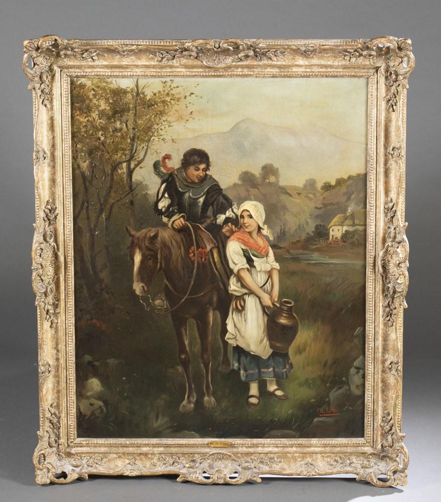 Pastoral Portrait, 19th/ 20th c., O/C: Continental School, Active 19th/ 20th century. Portrait depicting a girl standing next to a boy on horseback flanked by pasture and mountains. 19th/ early 20th century. Oil on canvas. Signed "Ch. Sitt