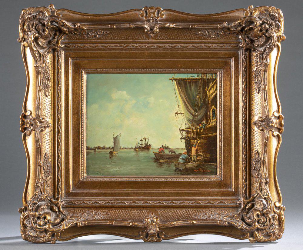 Van Munster, Ship Unloading, 19th/ 20th c., O/B.: van Munster (Dutch School, Active 19th/20th century). Port scene of a large vessel unloading its wears. 19th/ early 20th century. Oil on wood panel. Signed l.r. 8 1/4" x 10". Frame: 17 3/4" x 19 3/4".