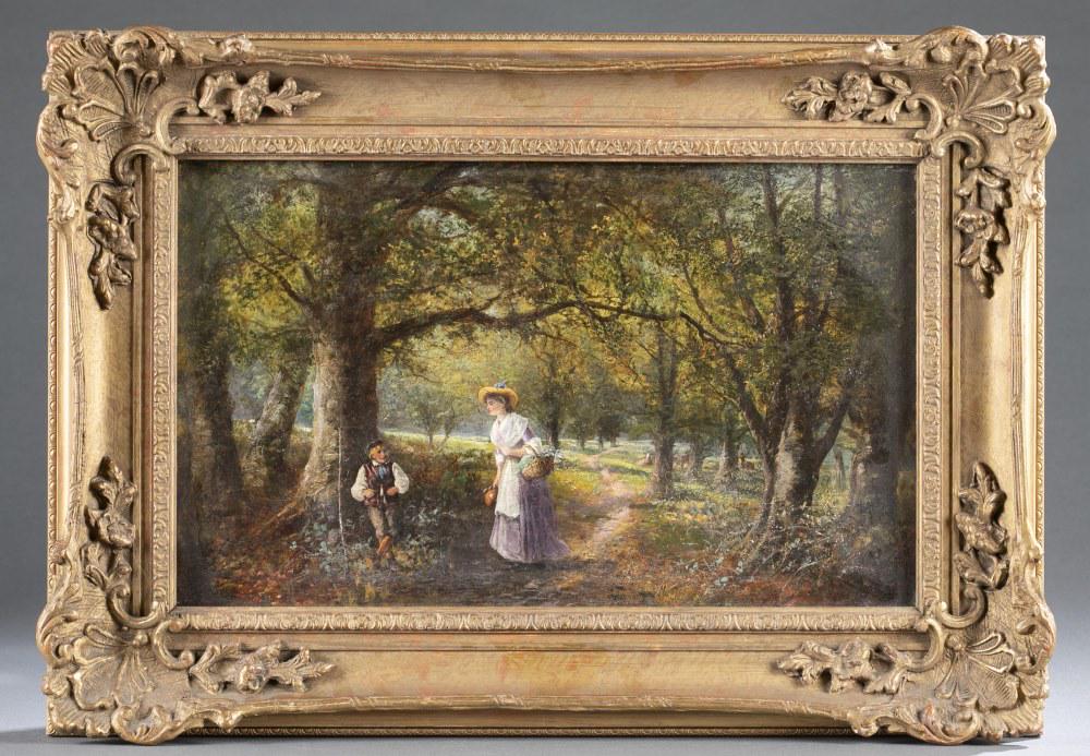 Continental School, Forrest Scene, 19th c., O/C.: Continental School. Untitled forest scene depicting a woman and child walking through the woods. Late 19th century. Unsigned. 10" x 16 1/4". Frame: 15" x 21". Shipping: This lot does not qualify for i