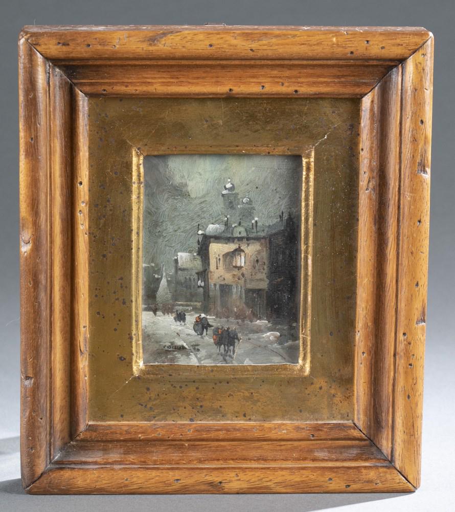 Continental School, Winter Streets, 19th/20th.: Continental School, probably Italian. Small landscape depicting people walking into a snowy church. Late 19th early 20th century. Oil on copper applied to board. Signed, possibly "Colludi" l.r. 4 3/4"
