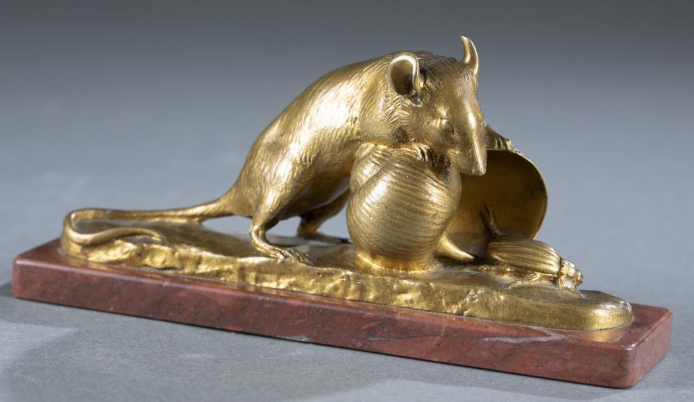 After Georges Gardet, Mouse & Shell, bronze.: After Georges Gardet (French, 1863-1939). "Mouse Shell, and insect." Patinated bronze on marble. Mouse standing on shell with insect. Signed near tail "G. Gardet." Marked on back "F. Barbedienne. Fond