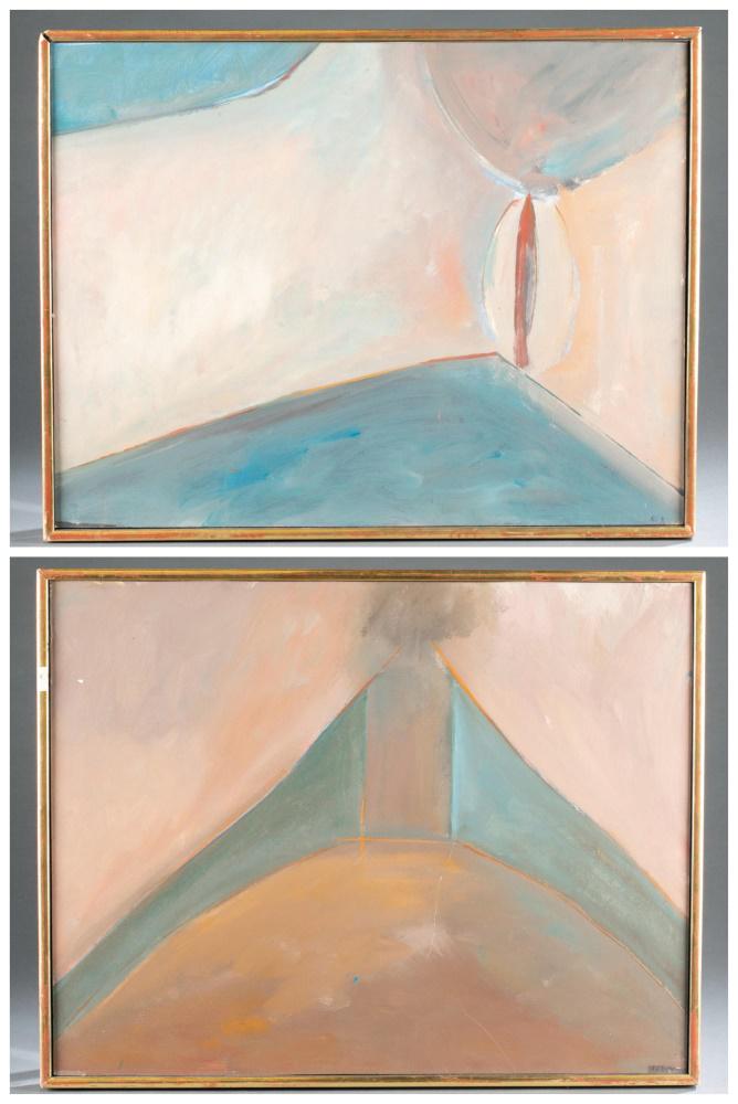 2 Merton Simpson, Figurescapes, 1977-78, O/B.: Simpson, Merton D. (American, 1928-2013). A pair of two paintings from the "Figurescape" series. 1977-78. Oil on board. Both with Gibbbes Art Gallery Labels on verso. 19 5/8 X 25 1/2". Frame: 20 9/16 
