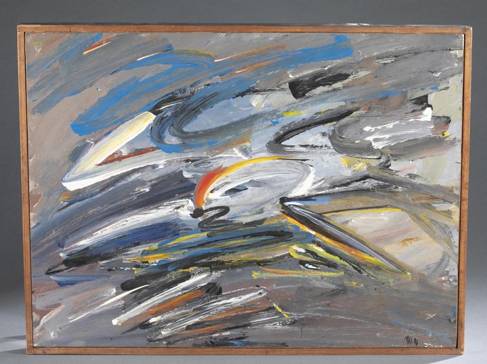 Merton Simpson, Small Abstract, 1983, O/B.: Simpson, Merton D. (American, 1928-2013). Untitled, small swirling abstract.1983. Oil on board. Signed and dated l.r. 18" x 24". Frame: 18 3/4" x 25". Shipping: This lot does not qualify for in house 