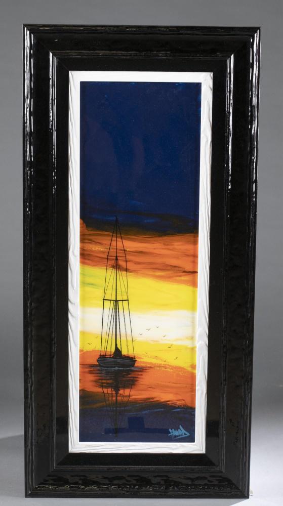 Ashton Howard, Sundown Sails, 21st c., A/C.: Howard, Ashton (American/ Florida, b. 1979). "Sundown Sails." 21st century. Acrylic on canvas. Signed l.r. and on verso. Sight: 35 1/4" x 11 1/4". Frame: 46 1/4" x 22 1/4". Shipping: This lot does not