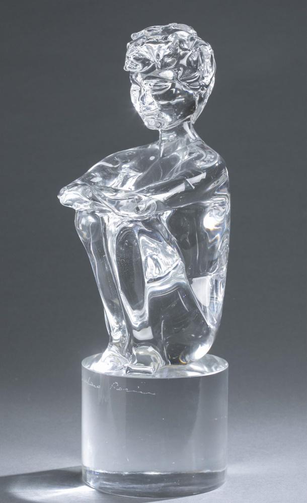 Loredano Rosin, glass, 20th c.: Rosin, Loredano (Italian 1936-1992) glass sculpture. 20th century. Boy sitting with knees pulled in. Etched signature on base. 15 3/4" x 5". Chip in toe and where thigh meets body. Shipping: This lot 