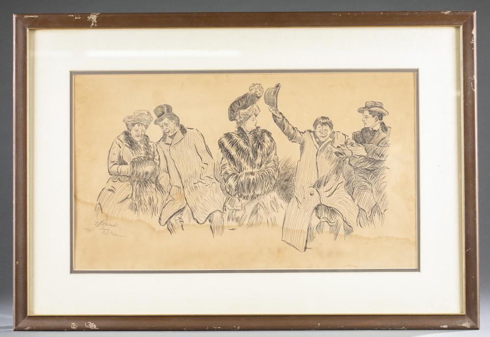 Charles Dana Gibson, Illustration, 19th/ 20th c.: Gibson, Charles Dana (American, 1867-1944). Sketch of a "Gibson Girl" with an elderly couple to her left and a pair of men to her right. Late 19th/ early 20th century. Ink on paper. Inscribed "D. L. B