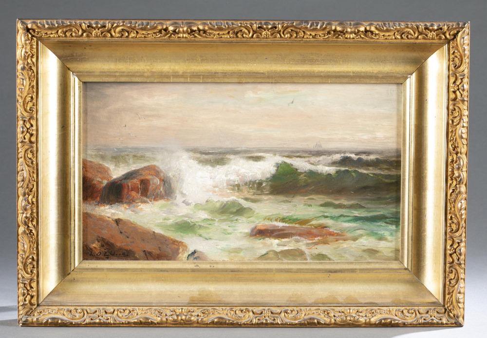 Lemuel D. Eldred, Seascape, 19th c., O/B.: Eldred, Lemuel D. (American, 1848-1921). Seascape depicting waves crashing against a rocky beach. Late 19th century. Oil on board. Signed l.l. 8" x 14". Frame: 12 3/4" x 18 1/4". Shipping: This lot do