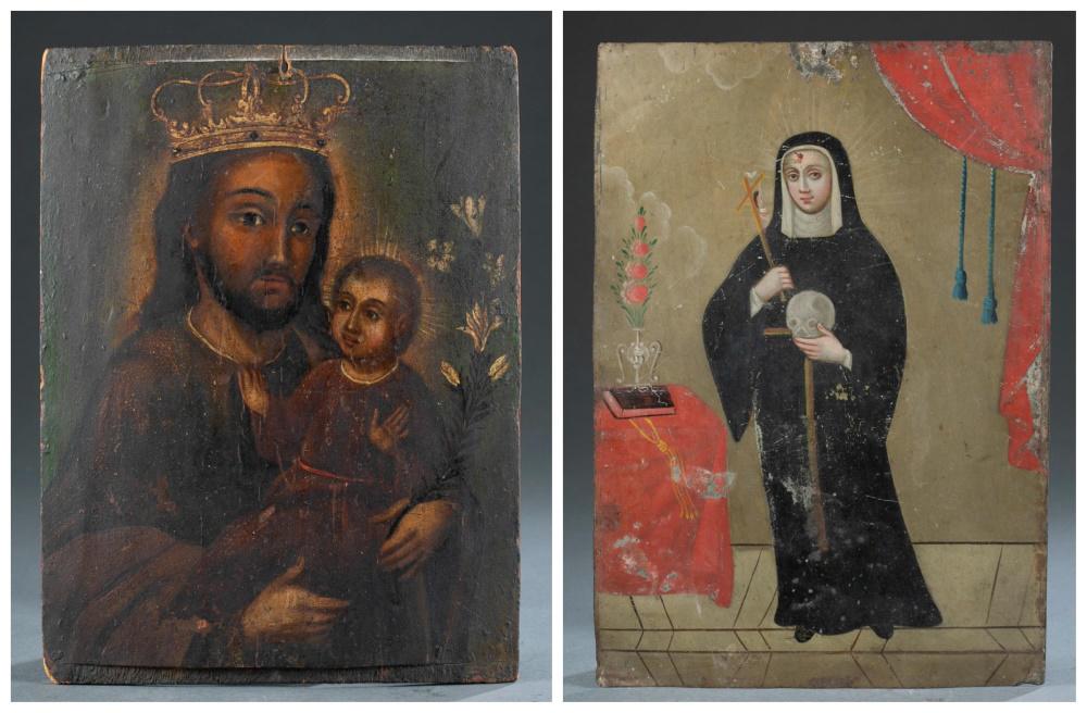 2 Mexican retablos of Catholic saints.: A group of two Mexican retablos of Catholic saints. 18th/19th century. ++St. Rita of Cascia. Oil on tin. 14" x 9 3/4".++San Jose holding the Christ child. Oil on panel.13 1/4" x 10". Shipping: This lo