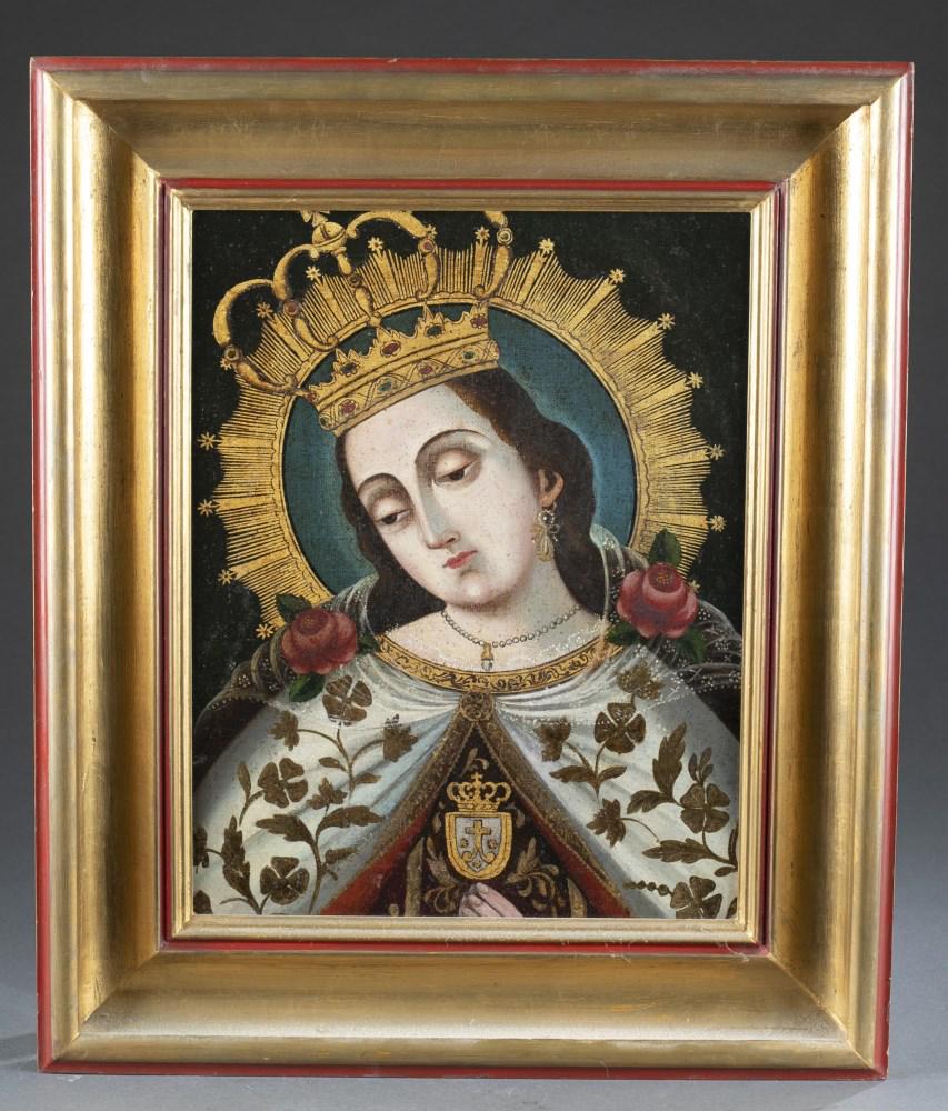 Portrait of Mary Queen of Heaven, 18th c., O/C.: Continental School. Portrait of Mary Queen of Heaven with a crown and mantle of roses. 18th century. Oil on canvas. Unsigned. 17" x 13". Frame: 24 1/2" x 20 1/2"._x000D_ Condition: Craquelure and two 