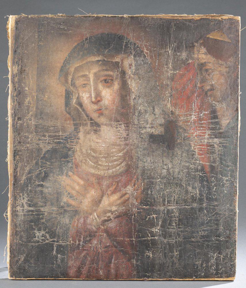 Virgin Mary of the Annunciation, O/C, 17th/18th c.: Continental School. Virgin Mary of the Annunciation. 17th/18th century. Oil on canvas. Unsigned. 23" x 20" x 1". Restretched canvas, two areas of restoration. Heavy paint loss and cracks. Shipping: Th
