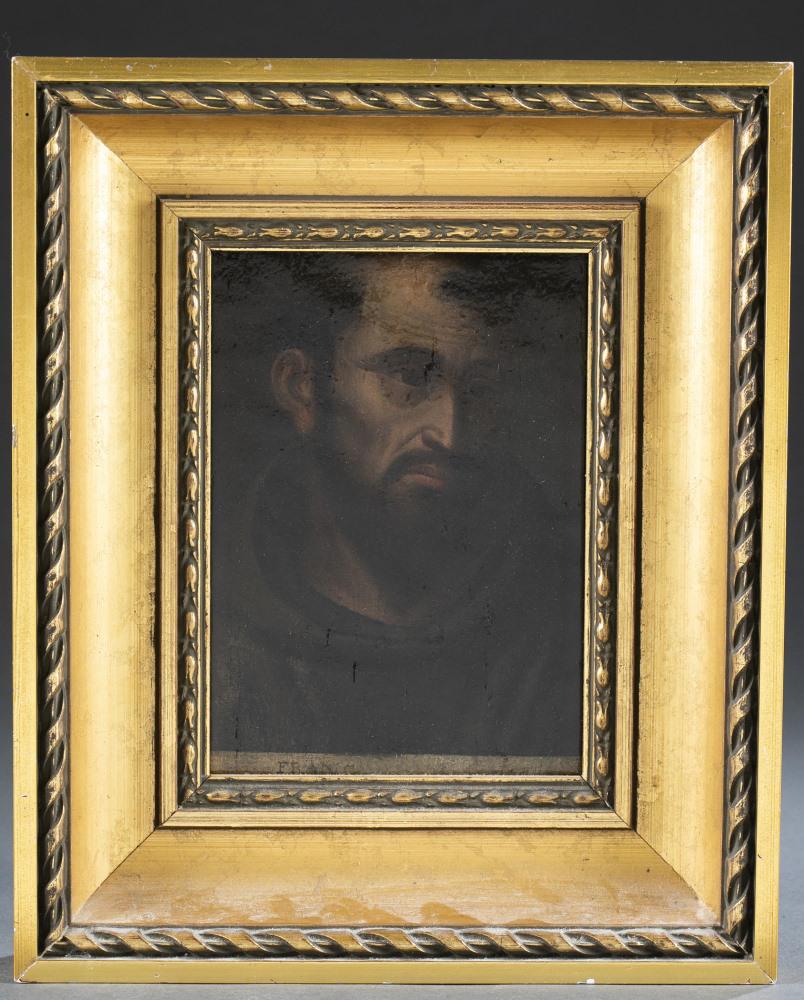 Portrait of St. Francis, 19th c, O/P.: Continental School. Portrait of St. Francis. 19th century. Oil on panel, framed. Applied varnish. Unsigned. 14" x 11 1/2"._x000D_ Condition: Craquelure throughout.