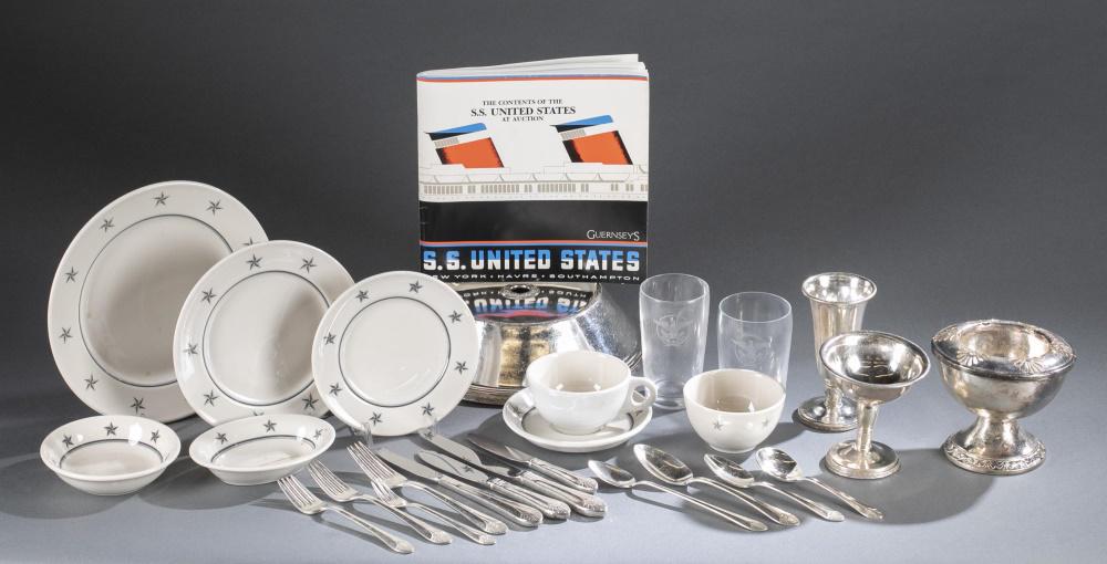 54 S.S. United States tableware items, 1950's.: An assortment of tableware items from the S.S United States. 1950's. ++Lamberton Sterling china including a vegetable dish, dessert saucer, bread and butter plate, salad plate, dinner plate, coffee cu