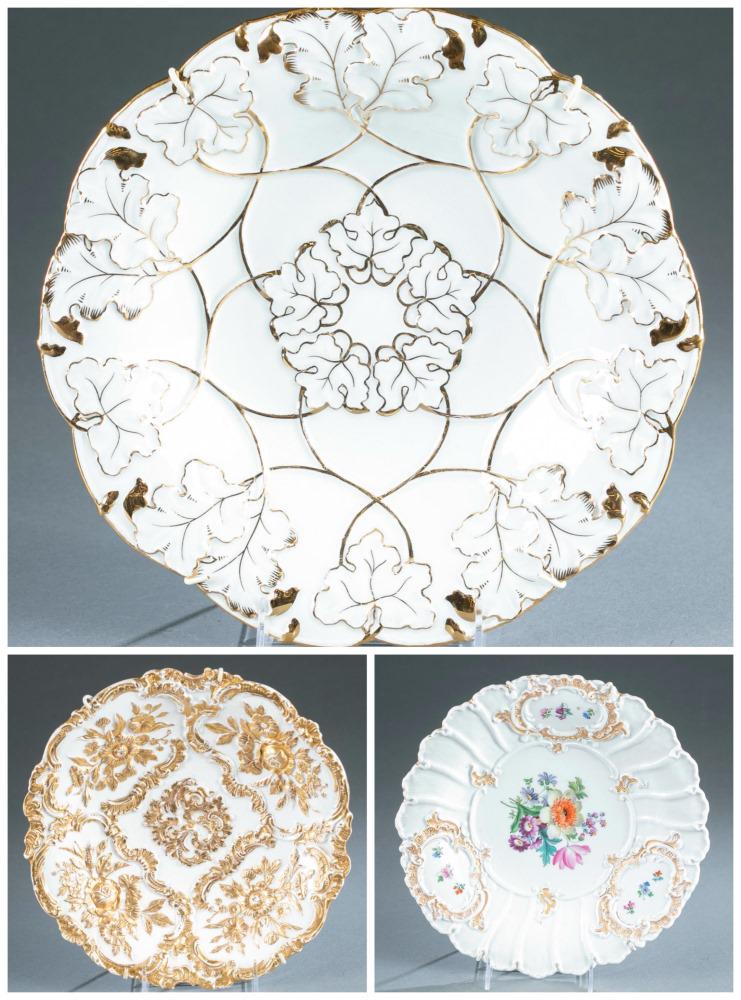 3 Meissen porcelain cabinet plates, 19th/20th c.: A group of three Meissen porcelain cabinet plates.19th/20th century. German. White plates with scalloped rims and gilt accents. Marked on base with under glazed blue crossed swords. 2" x 11". ++ Gilt