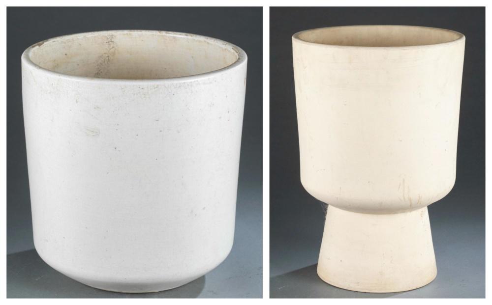 2 Malcolm Leland, Architectural Pottery planters.: A group of two Malcolm Leland for Architectural Pottery style ceramic planters. American 1950's/1960's. Unmarked. ++Model L-20. Flared cylindrical form on raised base. 19 1/2". Diameter: 13 1/2". ++Mo