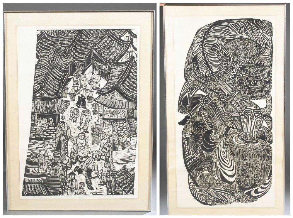 2 Chu Weibor, 1970s, Woodblocks.: Weibor, Chu (Chinese, b.1929) A group of two woodblock prints. Signed and dated in pencil along bottom. ++ Two Water Buffalo. 1970. 16/30. Image: 46" x 24". Frame: 51 3/4" x 28 3/4". ++ City Scene. 19