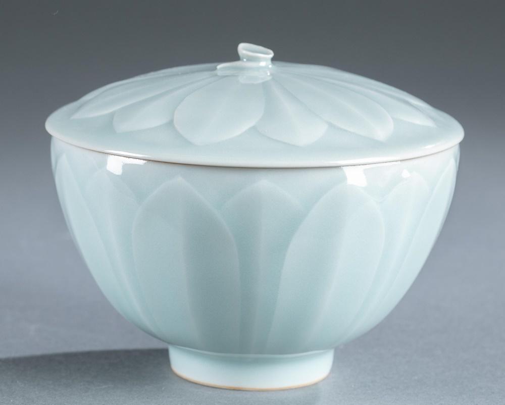 Chinese sky blue glaze lidded lotus bowl. (1 of 4)