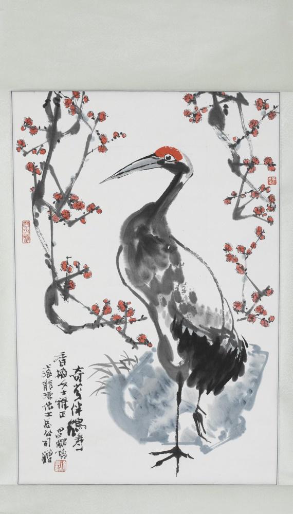 Chinese scroll of a crane, Xu Changming, 20th c. (1 of 5)
