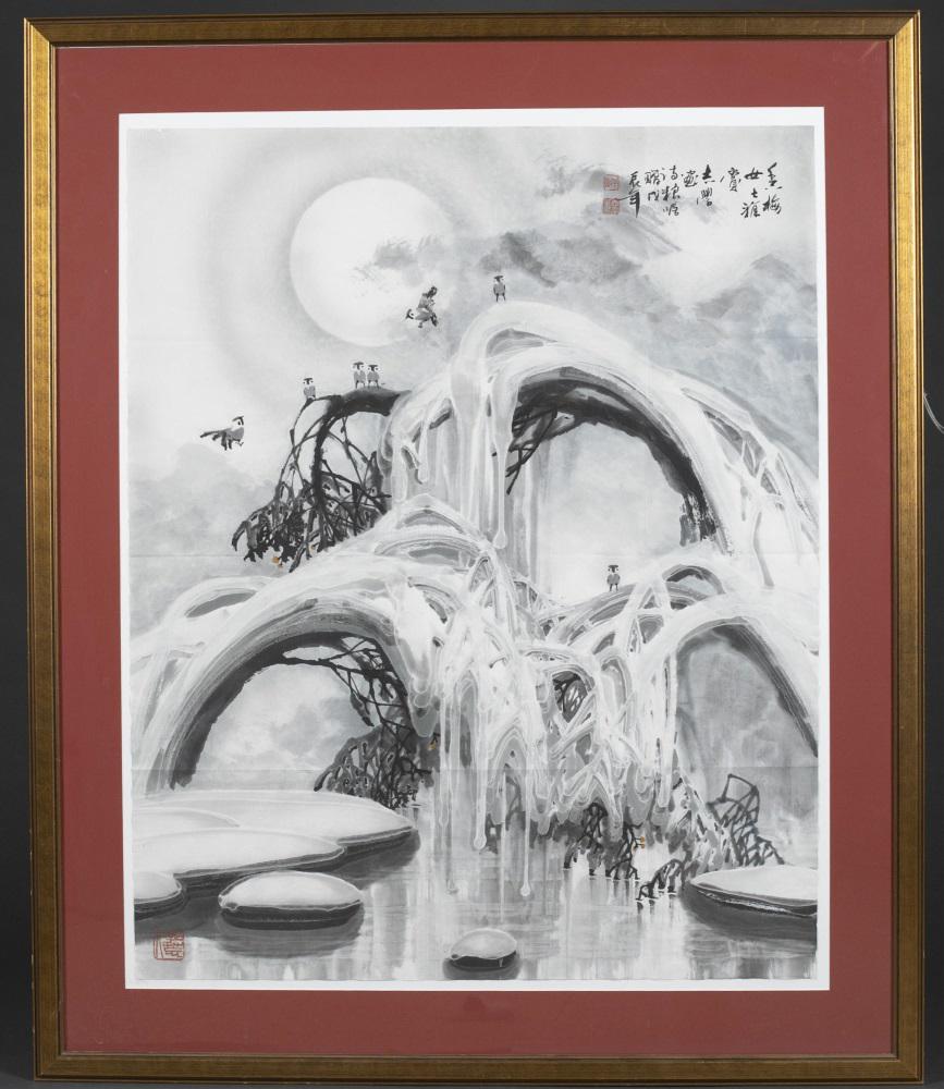 Large Chinese ink painting of birds in snow. (1 of 5)