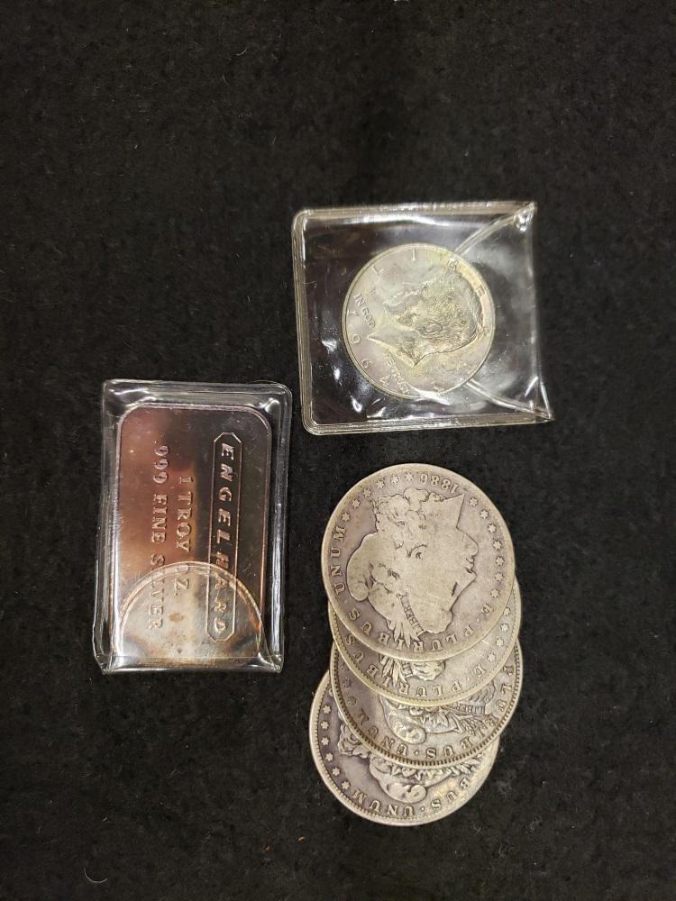 5 Silver Coins and One Silver Bar (1 of 2)