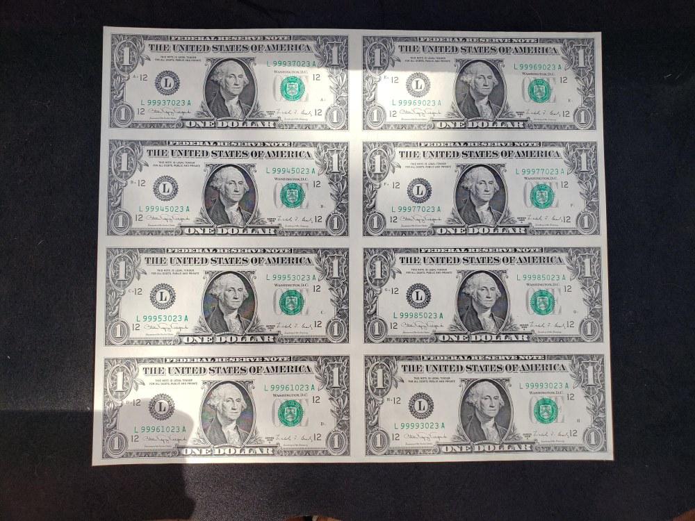 Framed Sheet of 8 Uncut 1$ Bills (1 of 4)