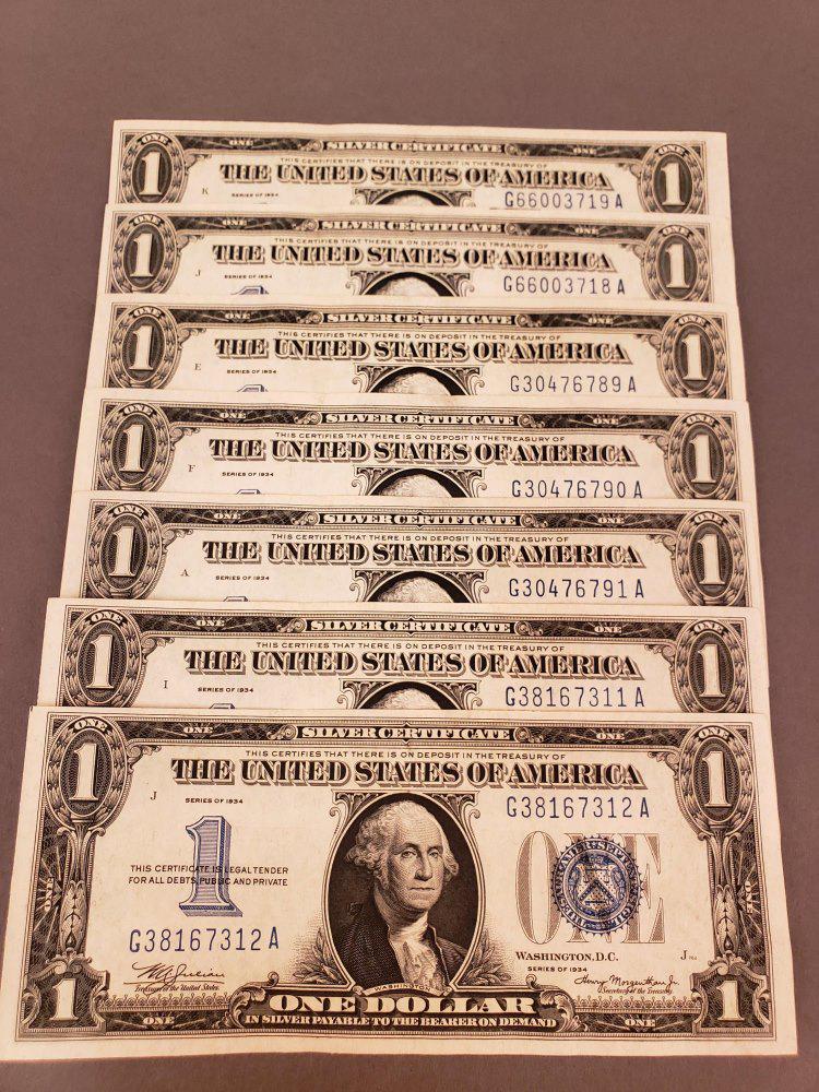 7 Series 1934 1 Dollar Silver Certificates (1 of 5)