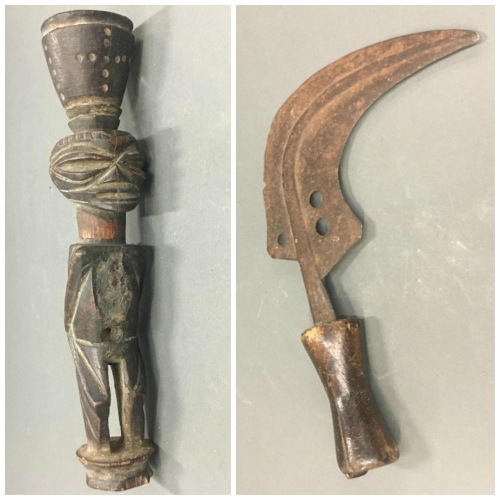 2 Central African Style Objects. 20th c.: A group of two Central African style objects. 20th century. ++ Mangbetu style knife. Iron blade and wood handle. 11 3/4" x 8 3/4" x 1 3/4". Chips in wood handle. Wear and erosion to blade. ++ Songye s