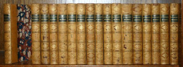 THE WORKS OF LORD BYRON, 17 vols Murray, 1832-183: Byron. The Works Of Lord Byron With his Letters and Journals, and his Life, by Thomas Moore, Esq. 17 Vols. Lon: John Murray, 1832-1836. 12mo. Half tan calf & marbled boards. 17 frontises, 16 engraved