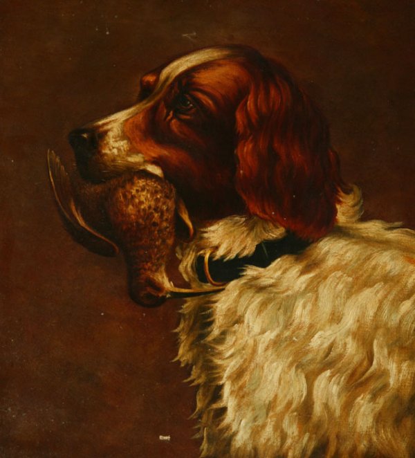 Cocker spaniel w/ woodcock Oil on canvas A. Duvall: Cocker spaniel with woodcock in mouth. Late 19th/early 20th century. Oil on canvas. Gold painted frame. Signed l.r., ''A. Duvall''. 20'' x 18'', frame: 23'' x 21''.
