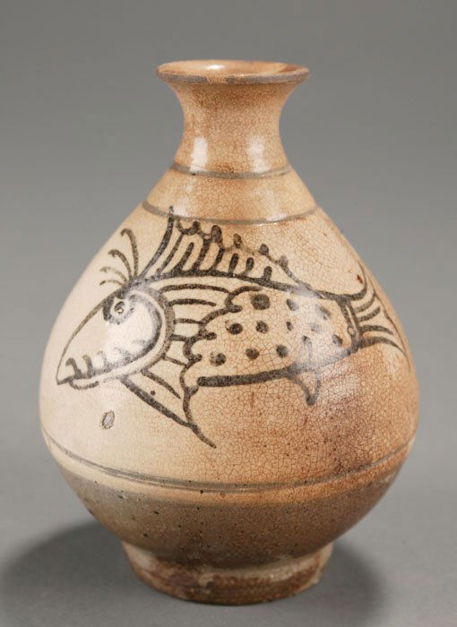 Korean stoneware vase with painted fish design: Korean stoneware vase. Late 19th/early 20th century. Having two dark brown painted fish over a light to dark faded brown ground. Body having a bulbous form with a small flared mouth. 5 1/8''h.