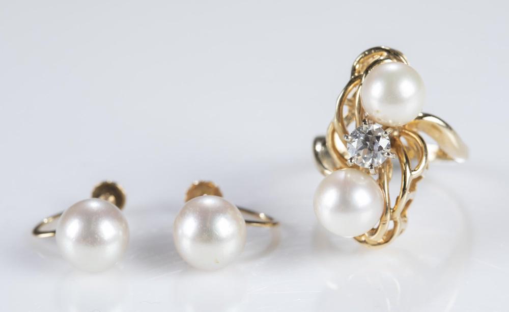 14k Pearl earrings and diamond ring. (1 of 6)
