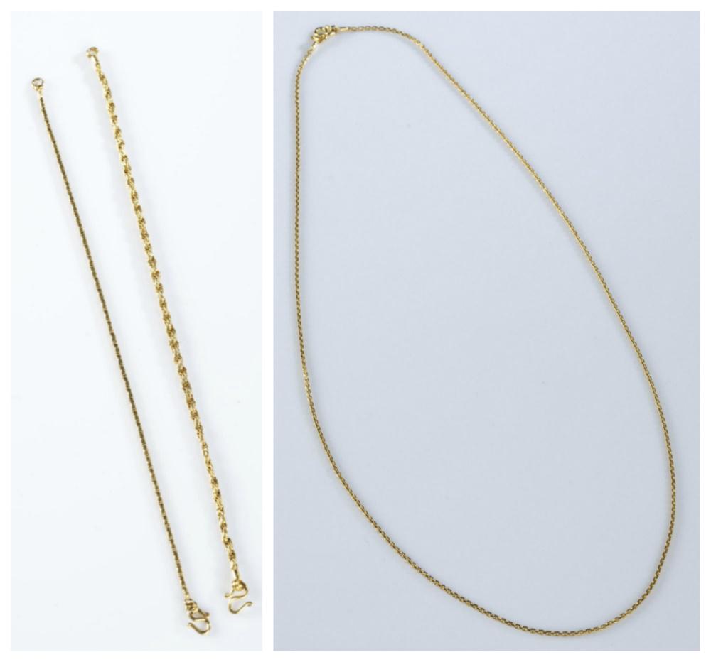 2 21k Thai gold chain bracelets & 1 necklace.: A group of three pieces of Thai gold jewelry including two bracelets and one necklace. All three approximately 21k gold. Each with "m style" clasp. Approximately 15.1g.