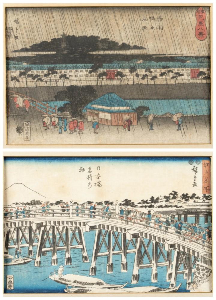 2 Japanese woodblock prints, Hiroshige.: Hiroshige, Ando (Japanese, 1707-1858). Both Oban. Approximately 9" x 15". ++ Clear Morning after Snow at Nihonbashi Bridge, from the series Famous Places in Edo. 1848-1849. ++ Night Rain at Akabane, f