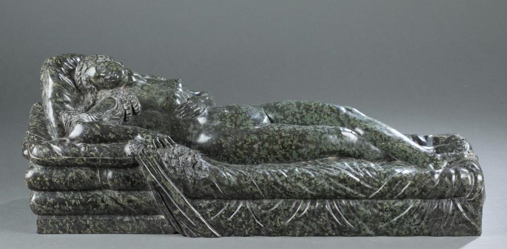 Reclining nude, green marble sculpture, 19th c.: A green marble sculpture of a reclining nude. Late 19th century. Depicting a reclining nude female figure holding flowers on a plinth. Unsigned. 8" x 22" x 6". Shipping: This lot does not qualify for 