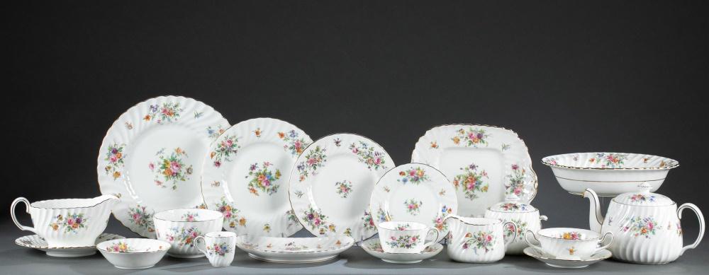 Minton "Marlow" dining service set, 20th c.: A 137 piece dining service set by Minton, 'Marlow' pattern. England. Late 20th century. Glazed porcelain. Floral designs with gilt trim and scalloped edges. ++Twelve dinner plates. 10 3/4". Some plate