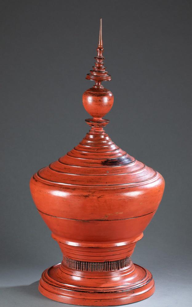 Burmese red lacquer stupa-form food offering box.: A large Burmese lacquer food offering box. Stupa form box with detachable finial. Red and black lacquer over wood. Approximately: 31" x 15". Shipping: This lot does not qualify for in house shipping. 