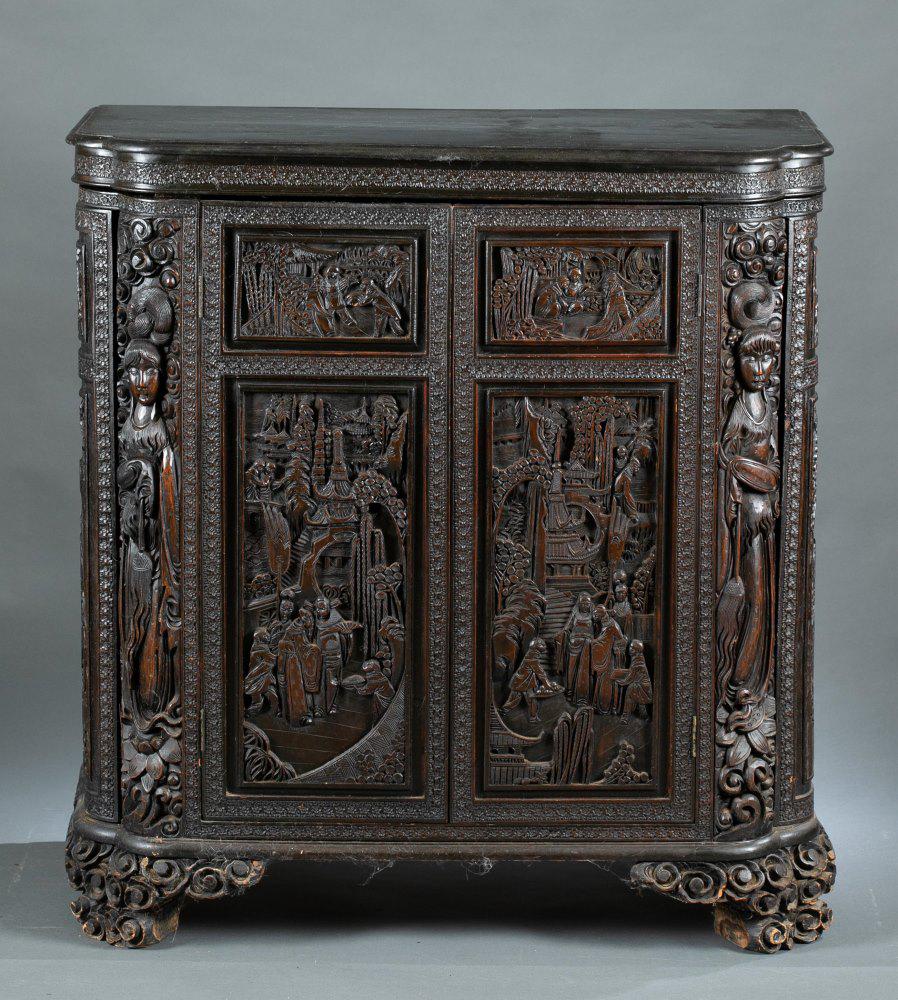 Chinese export carved wooden bar, 20th c.: A Chinese export carved wooden bar cart. Mid 20th century. Flip top with intricate carving to underside of lid. Two other flip top doors that open up to glass and bottle holders. Two heavily carved do