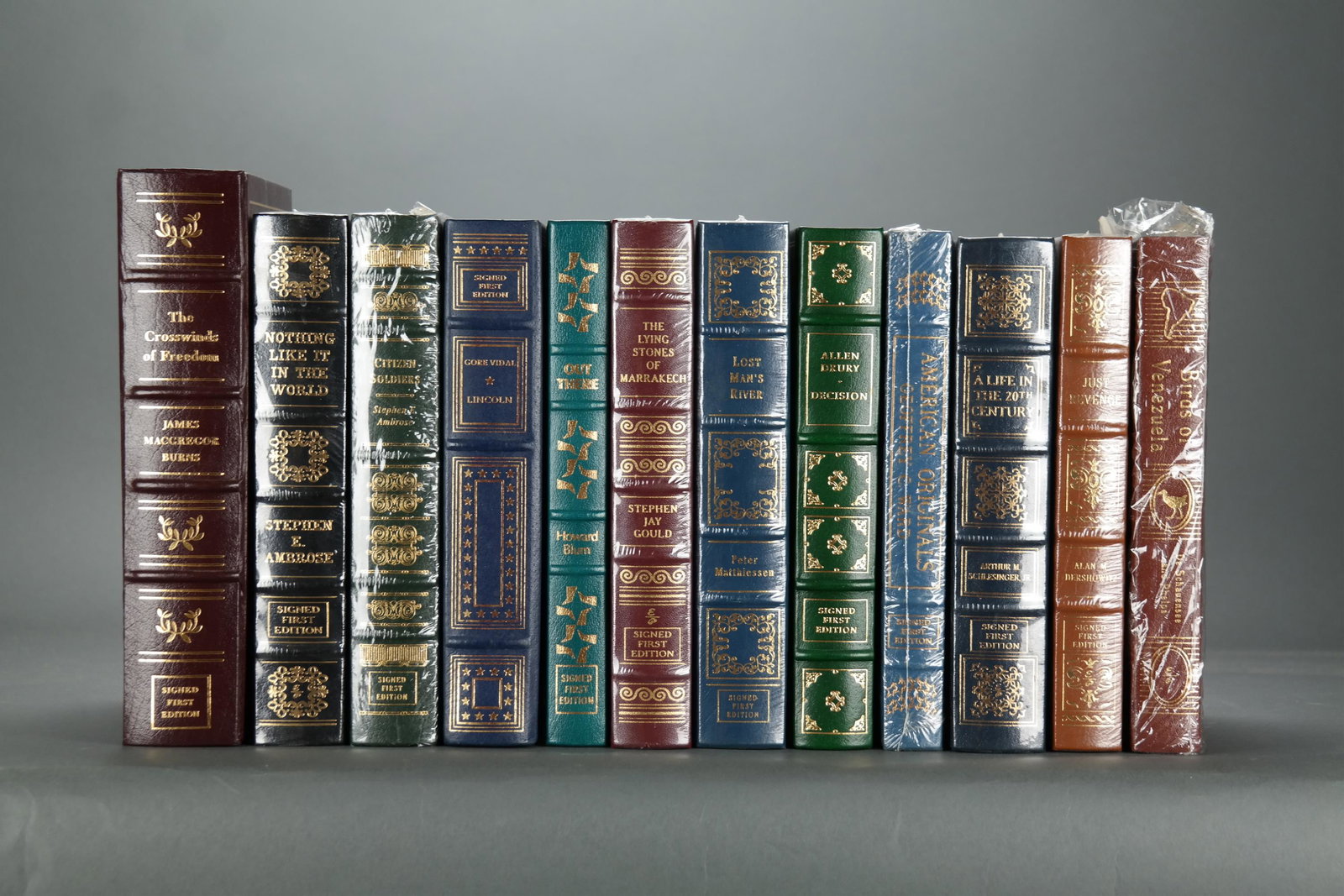Easton. 12 vols. History & Miscellaneous.: [Easton Press/Signed] 12 volumes. History & Miscellaneous. Full leather with gilt lettering and decorations. Includes: (1) Ambrose, Stephen. Citizen Soldiers. (2) Vidal, Gore. Lincoln. Condition Near 